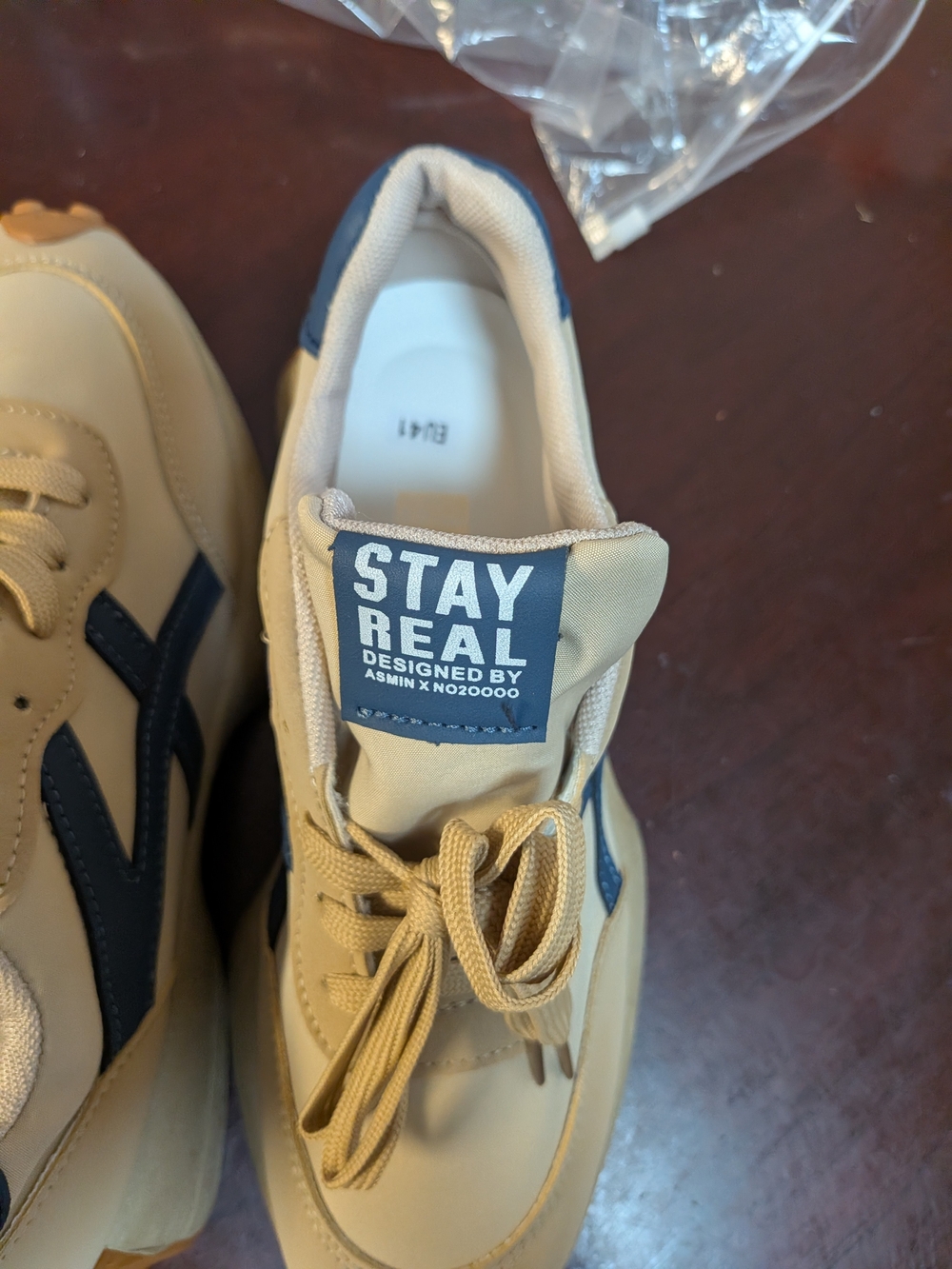 Beige and Navy Women's Retro Trainer Sneakers - Picture 5 of 7